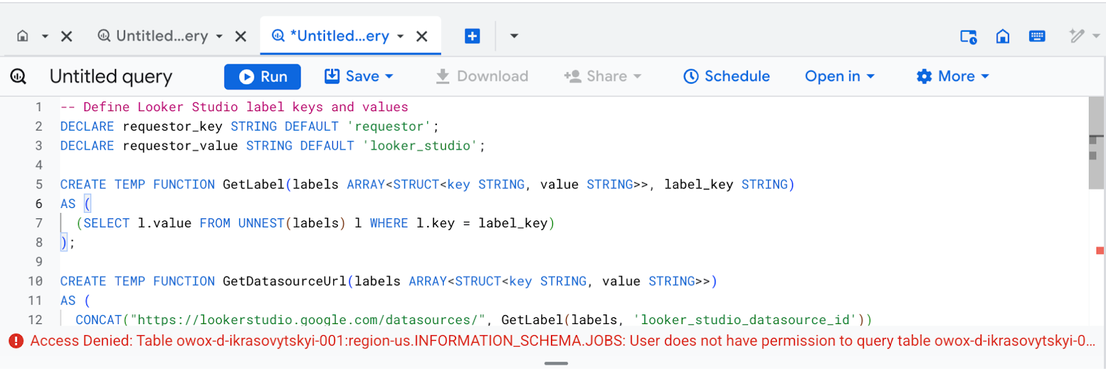 Tracking Looker Studio-triggered BigQuery jobs using labels in INFORMATION_SCHEMA.JOBS to monitor dashboard activity and query performance. i-shadow