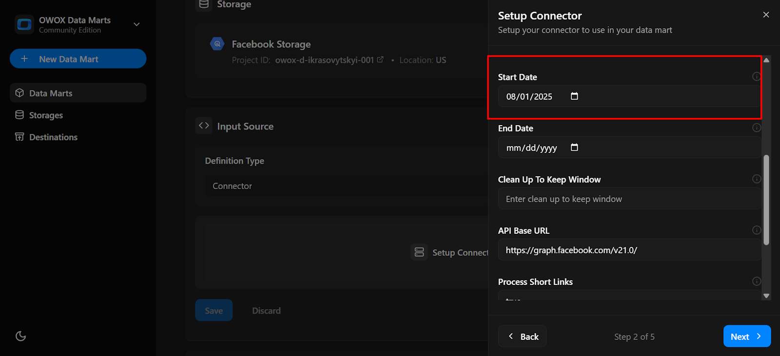 Connector configuration form with the Start Date field set to 2025-07-01 for fetching data from Facebook Ads. i-shadow