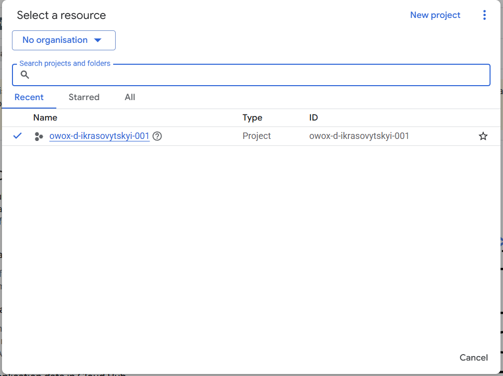 Google Cloud Console displaying the project selection dialog, with a list of recent projects and folders available to open the correct BigQuery dataset. i-shadow