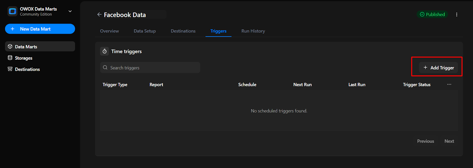 Triggers tab in OWOX Data Marts showing the option to add a new time trigger, with no scheduled triggers currently listed for the Facebook Data mart. i-shadow