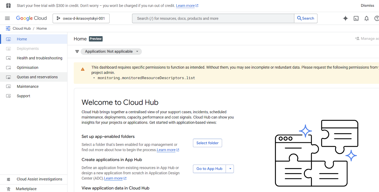Google Cloud Console homepage showing the Cloud Hub section with a selected project, confirming setup and navigation readiness for accessing BigQuery. i-shadow