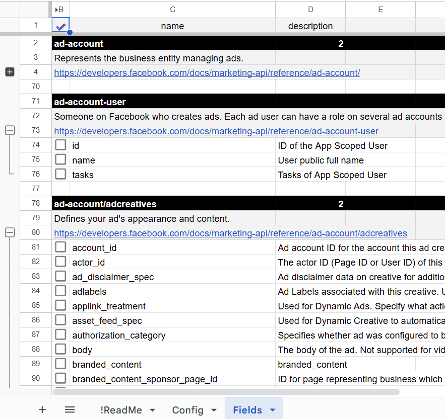 Fields tab in Facebook Ads connector template showing available data objects for field selection and descriptions. i-shadow