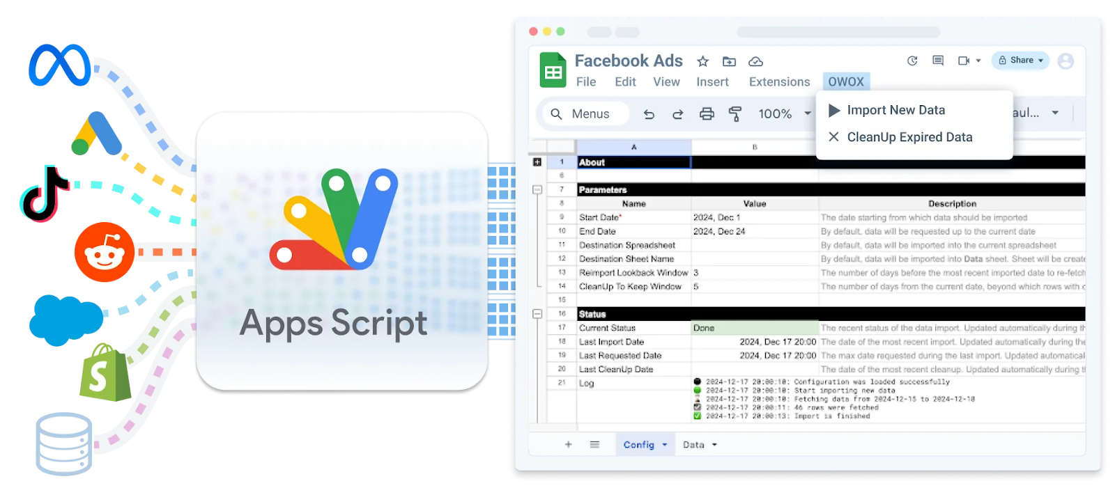 Google Apps Script pulling Facebook Ads data from platforms like Meta, TikTok, and Shopify into a Google Sheet. 
