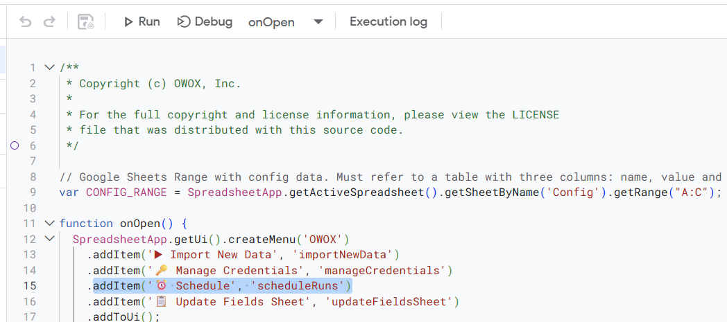 Google Apps Script code snippet creating a custom menu in Google Sheets with a “Schedule” option for setting up scheduled triggers. i-shadow
