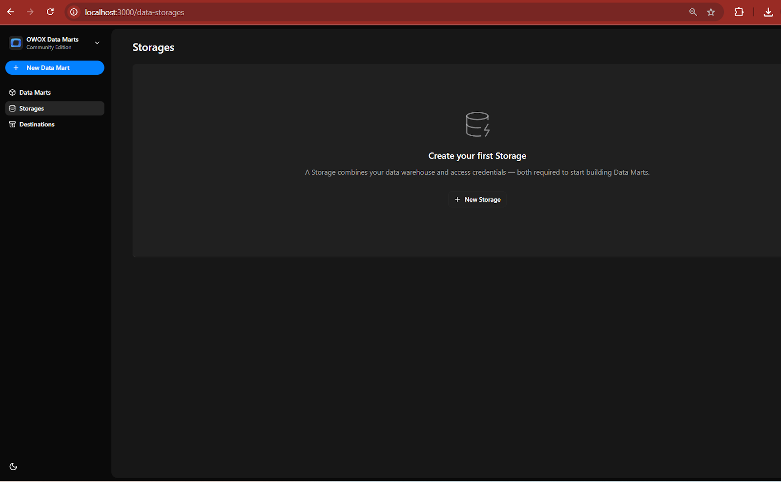 Local host being redirected to the home page of OWOX Data Marts. i-shadow