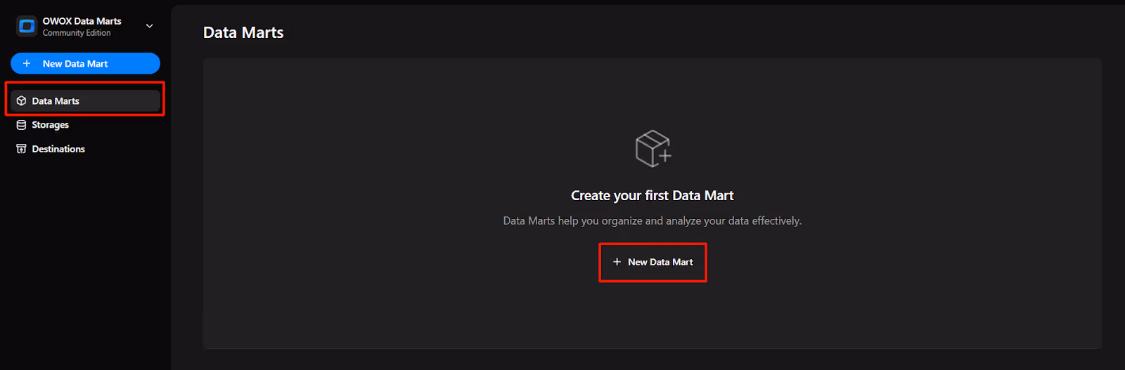 OWOX Data Marts interface showing the main dashboard with the ‘New Data Mart’ button. i-shadow