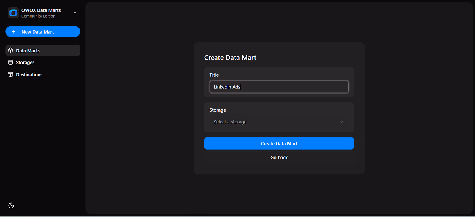 Create Data Mart screen with title set to "LinkedIn Ads" and storage selected as "LinkedIn Ads Storage". i-shadow