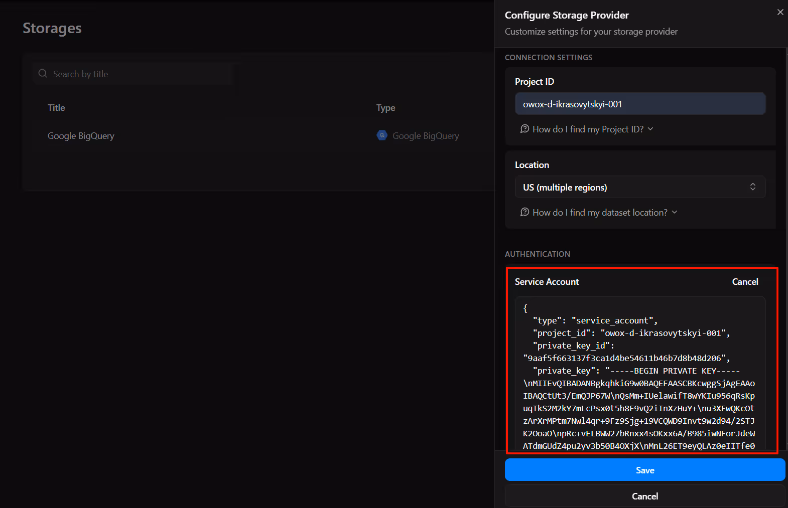 OWOX connector configuration labeled ‘OWOX Service Account JSON Field’ where users paste their service account key for authentication. i-shadow
