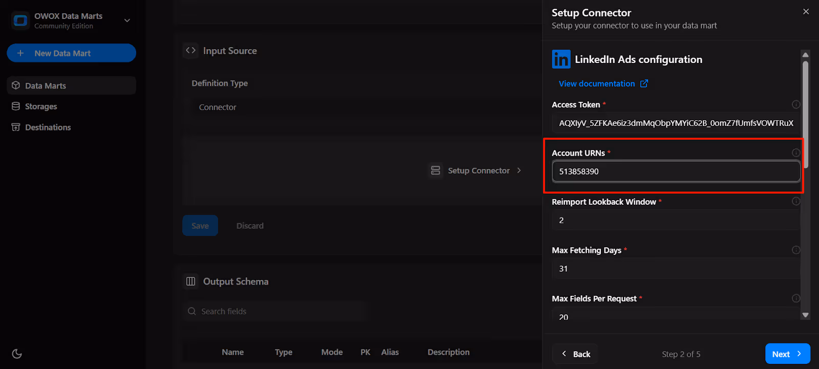 Account URN being pasted into the appropriate field. i-shadow