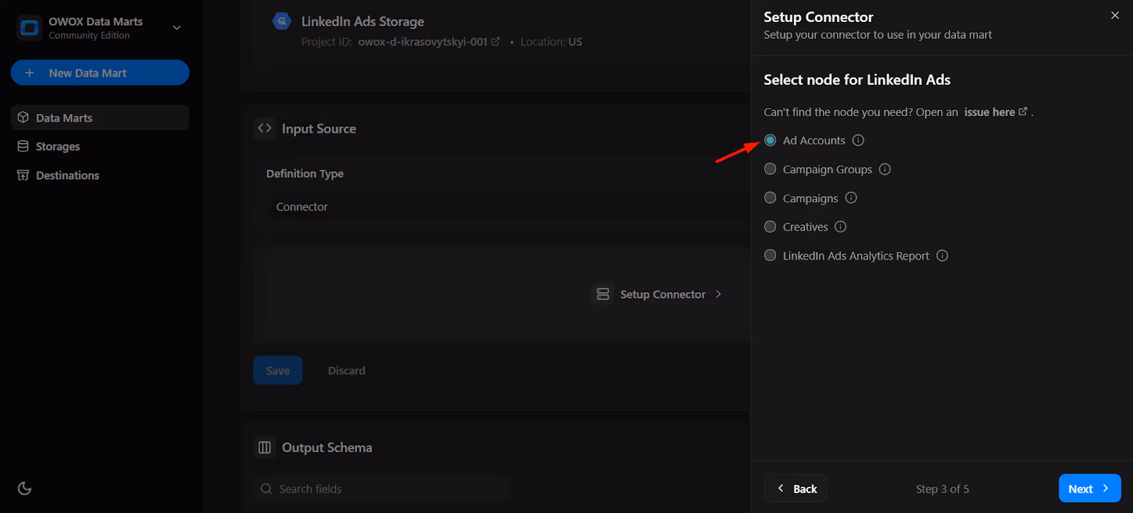 Node selection menu for LinkedIn Ads with options like Ad Accounts. i-shadow