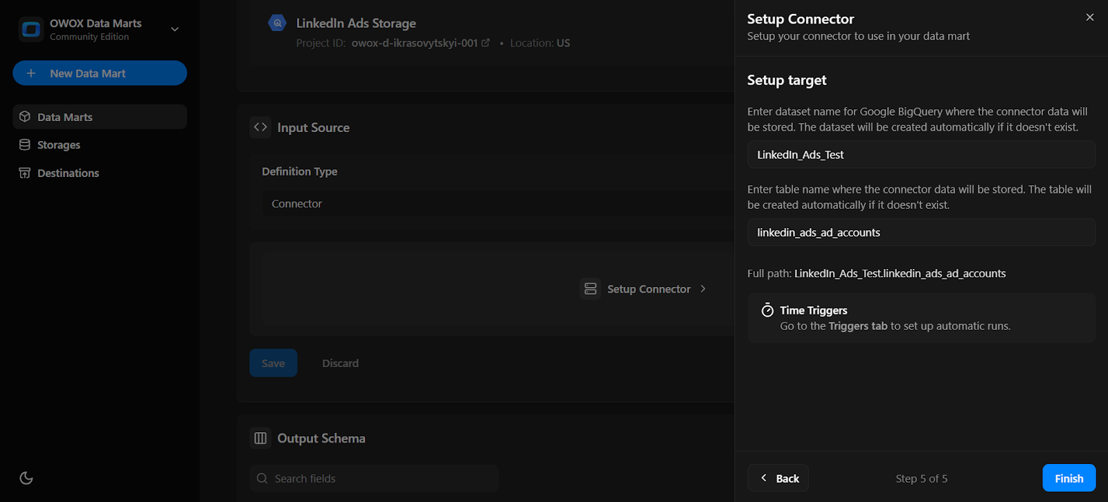 Final setup screen showing the target dataset and table path in BigQuery with time triggers hint enabled.  i-shadow