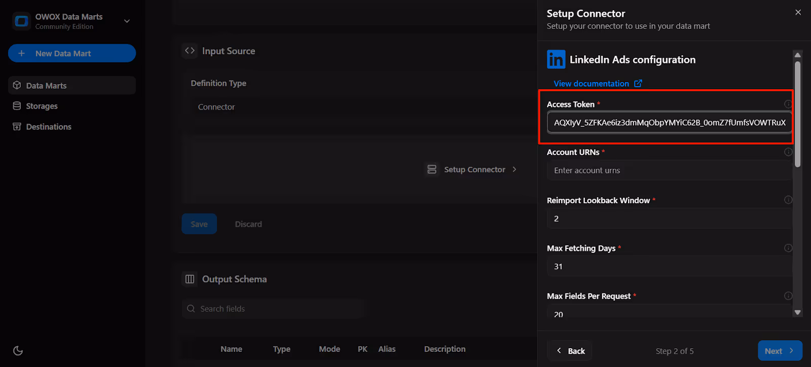 OWOX connector configuration panel with the LinkedIn Ads access token field filled in for authentication. i-shadow