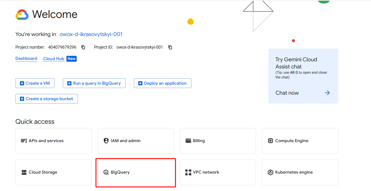 Google Cloud Console welcome screen showing project details with the BigQuery option highlighted under Quick access. i-shadow