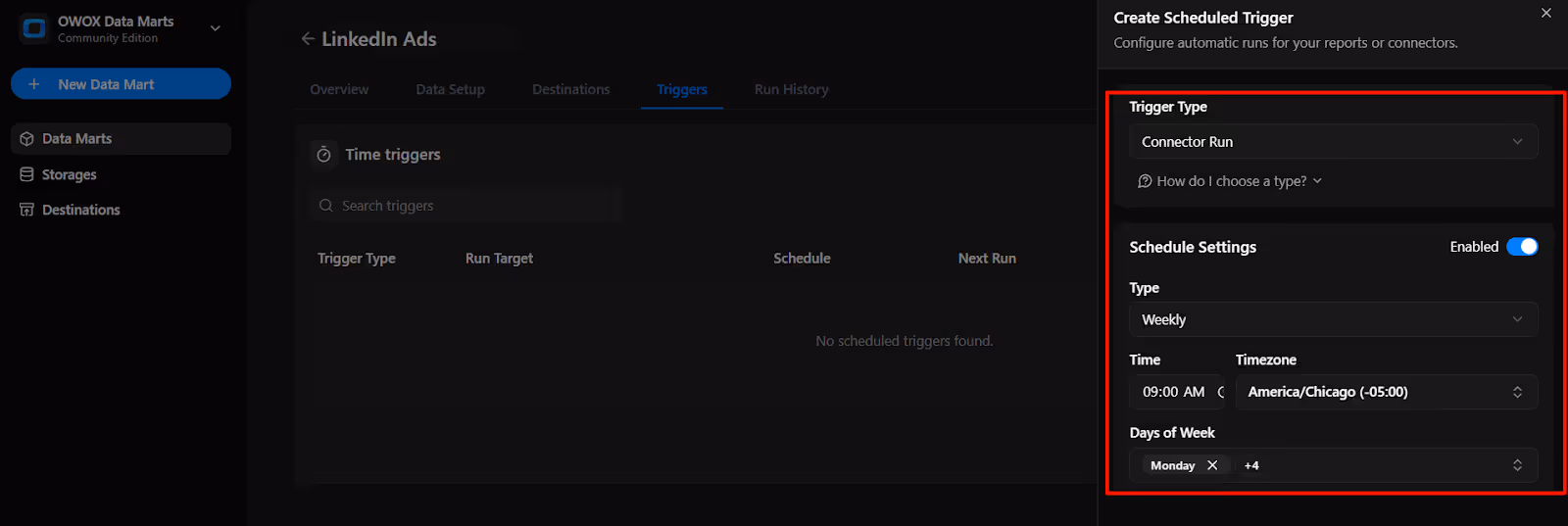 Scheduled trigger setup screen in OWOX Data Marts showing trigger type and scheduling options for automating data runs. i-shadow