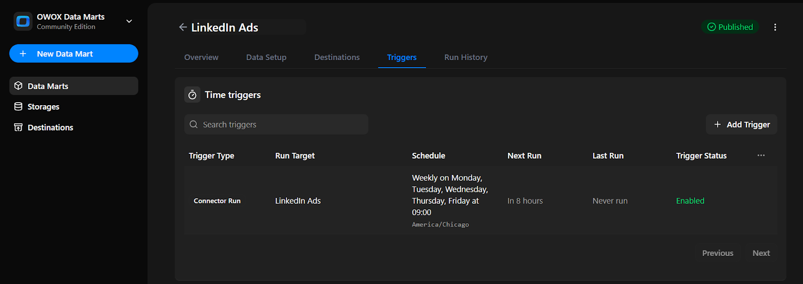 OWOX Data Marts trigger summary screen showing active time trigger details, including schedule, status, and upcoming run for LinkedIn Data. i-shadow