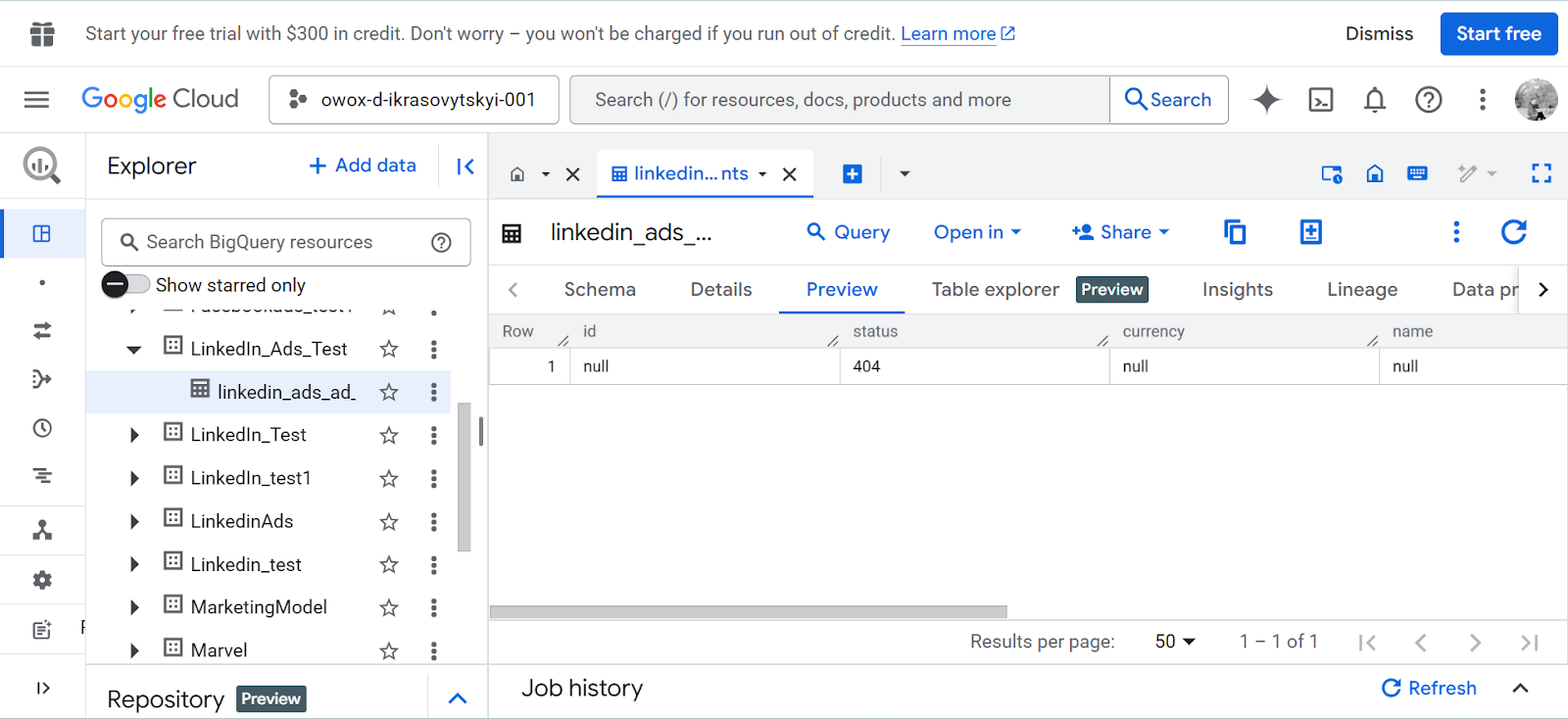 BigQuery table preview showing LinkedIn Ads data with fields confirming successful data import. i-shadow