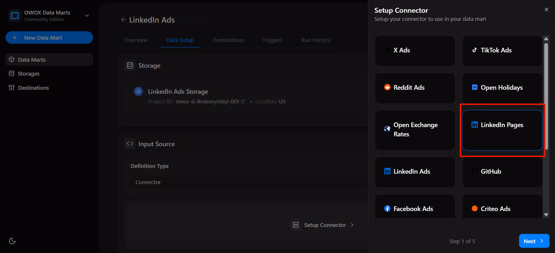 Setup Connector panel in OWOX Data Marts with LinkedIn Ads selected as the connector source. i-shadow