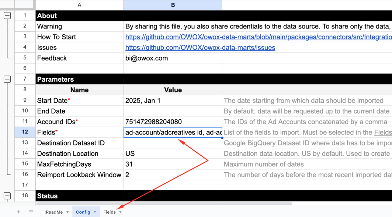 Arrow linking the Fields input in the config tab to the "Fields" tab in the spreadsheet. i-shadow