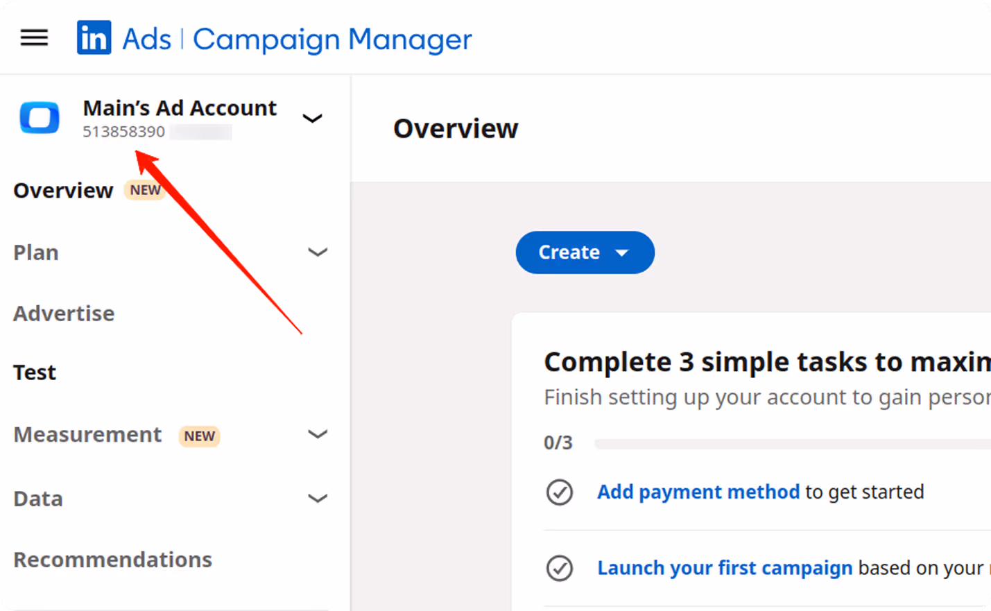 LinkedIn Ads dashboard showing where to find the Account URN for data import. i-shadow