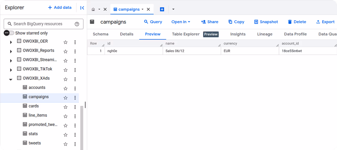 BigQuery showing "campaigns" table with one row of ad data under the OWOXBI_XAds dataset. i-shadow i-radius