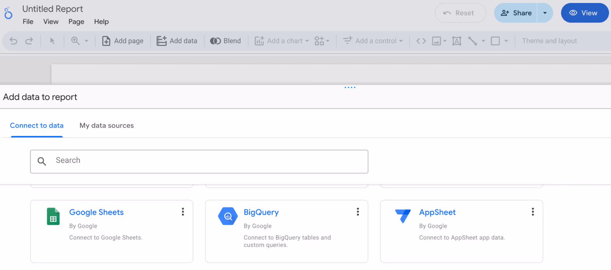 Interface in Looker Studio showing data source options like Google Sheets, BigQuery, and AppSheet for dashboard setup. i-shadow