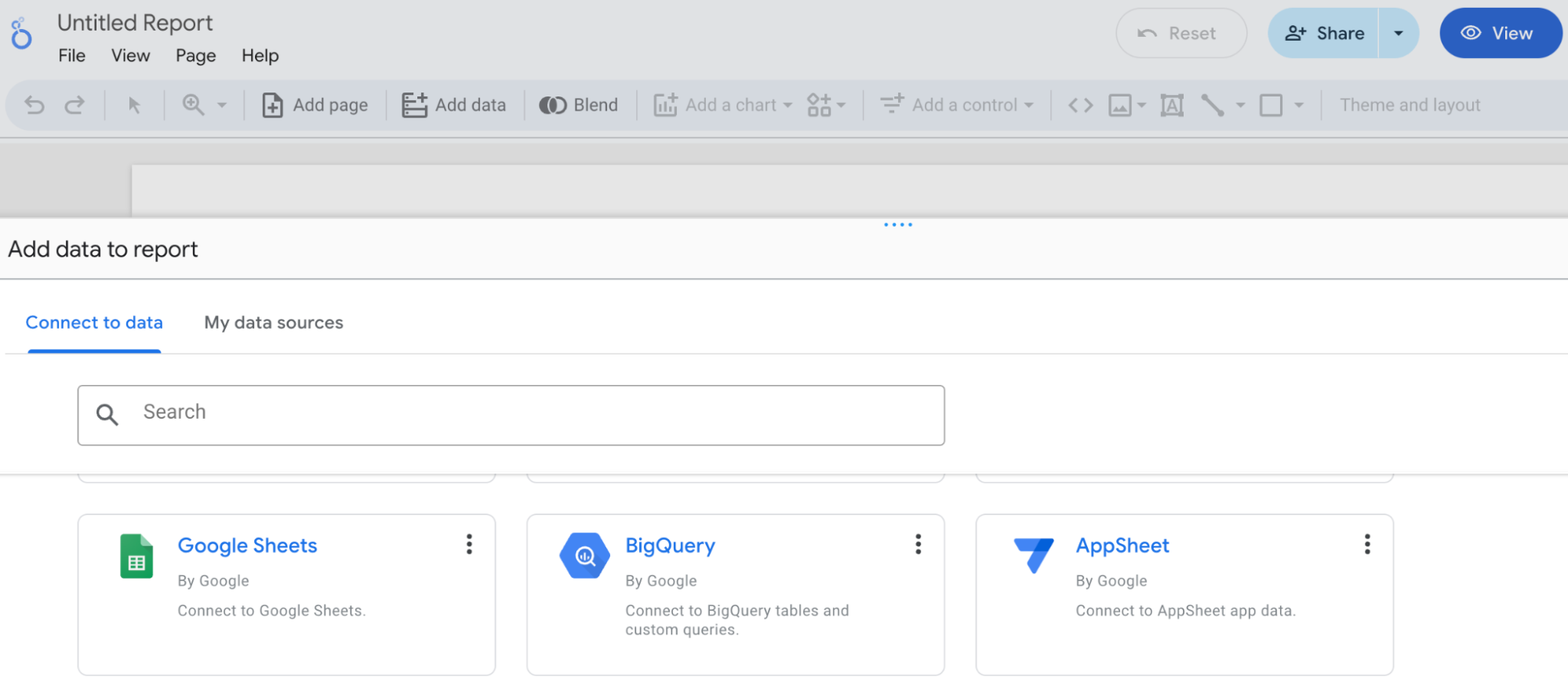 Interface in Looker Studio showing data source options like Google Sheets, BigQuery, and AppSheet for dashboard setup. i-shadow