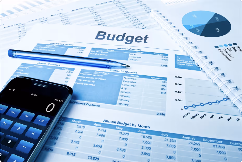 Budget spreadsheet with figures and charts used to explain how to track expenses, plan monthly finances, and manage spending. i-radius