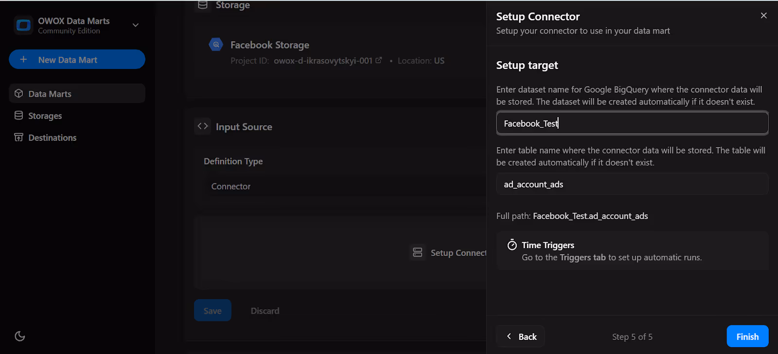 Final setup screen showing the target dataset and table path in BigQuery with time triggers hint enabled. i-shadow