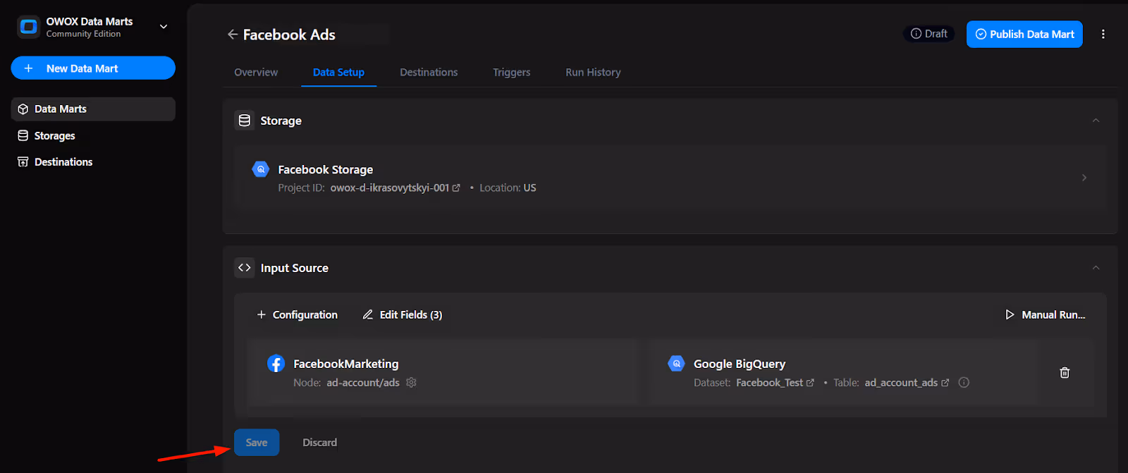 OWOX Data Marts configuration screen showing successful mapping between Facebook Ads and BigQuery table with a Save button. i-shadow