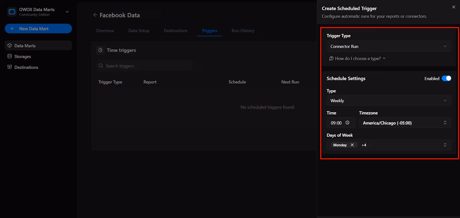 Scheduled trigger setup screen in OWOX Data Marts showing trigger type and scheduling options for automating data runs. i-shadow