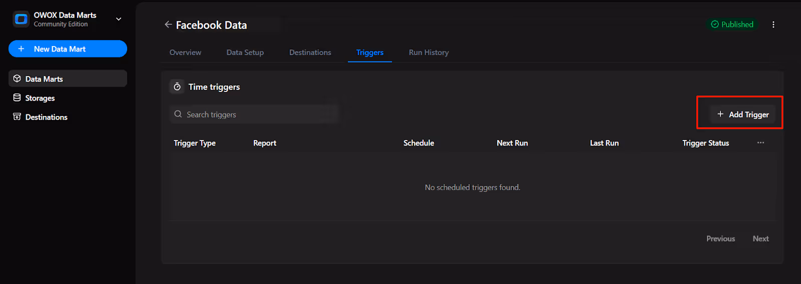 Triggers tab in OWOX Data Marts showing the option to add a new time trigger, with no scheduled triggers currently listed for the Facebook Data mart. i-shadow
