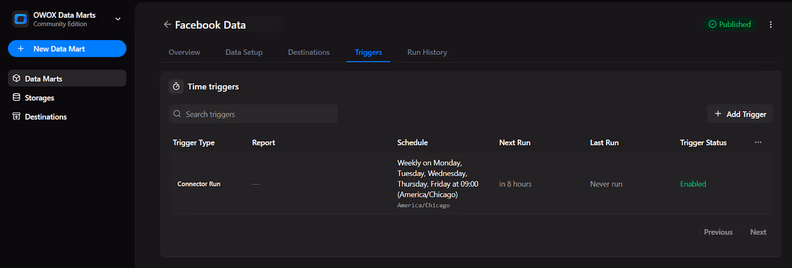 OWOX Data Marts trigger summary screen showing active time trigger details, including schedule, status, and upcoming run for Facebook Data. i-shadow