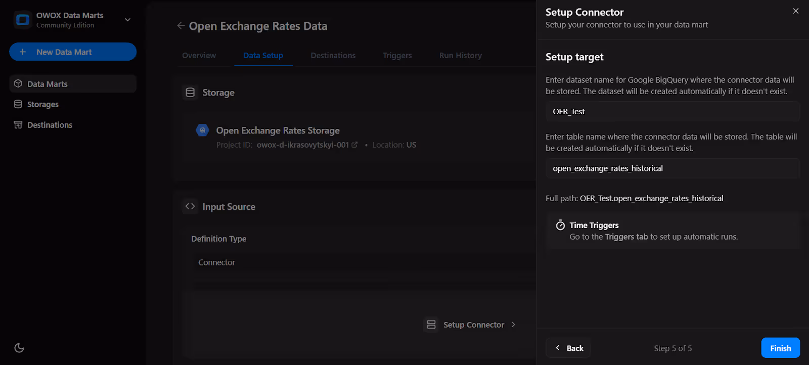 Final setup screen showing the target dataset and table path in BigQuery with time triggers hint enabled. i-shadow