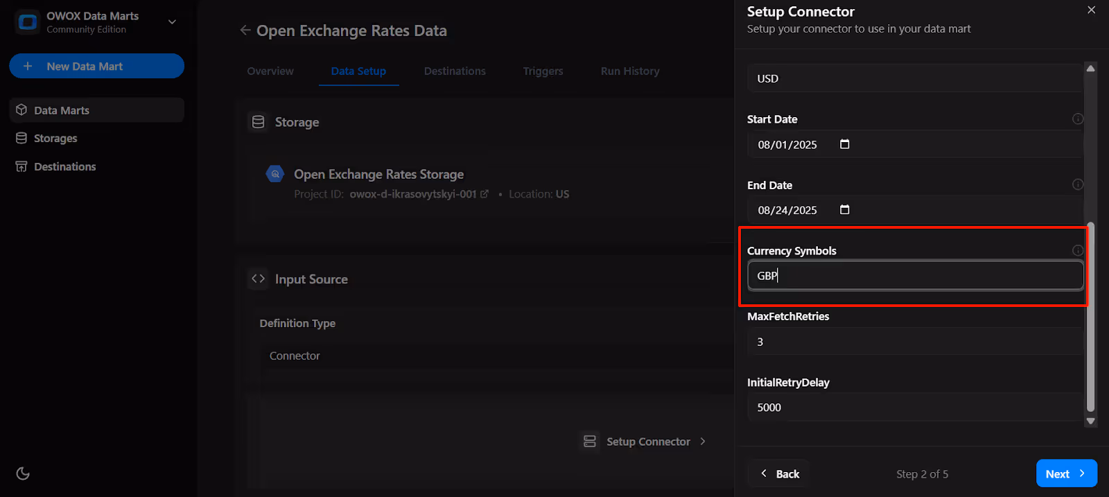Currency symbol configuration screen for Open Exchange Rates connector setup in OWOX Data Marts, showing GBP entered as the selected symbol. i-shadow
