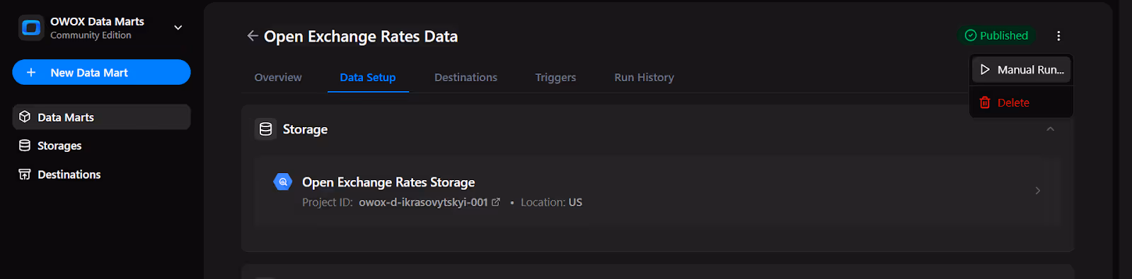OWOX Data Marts interface with the ‘Manual Run’ button visible and the 3-dot menu expanded. i-shadow