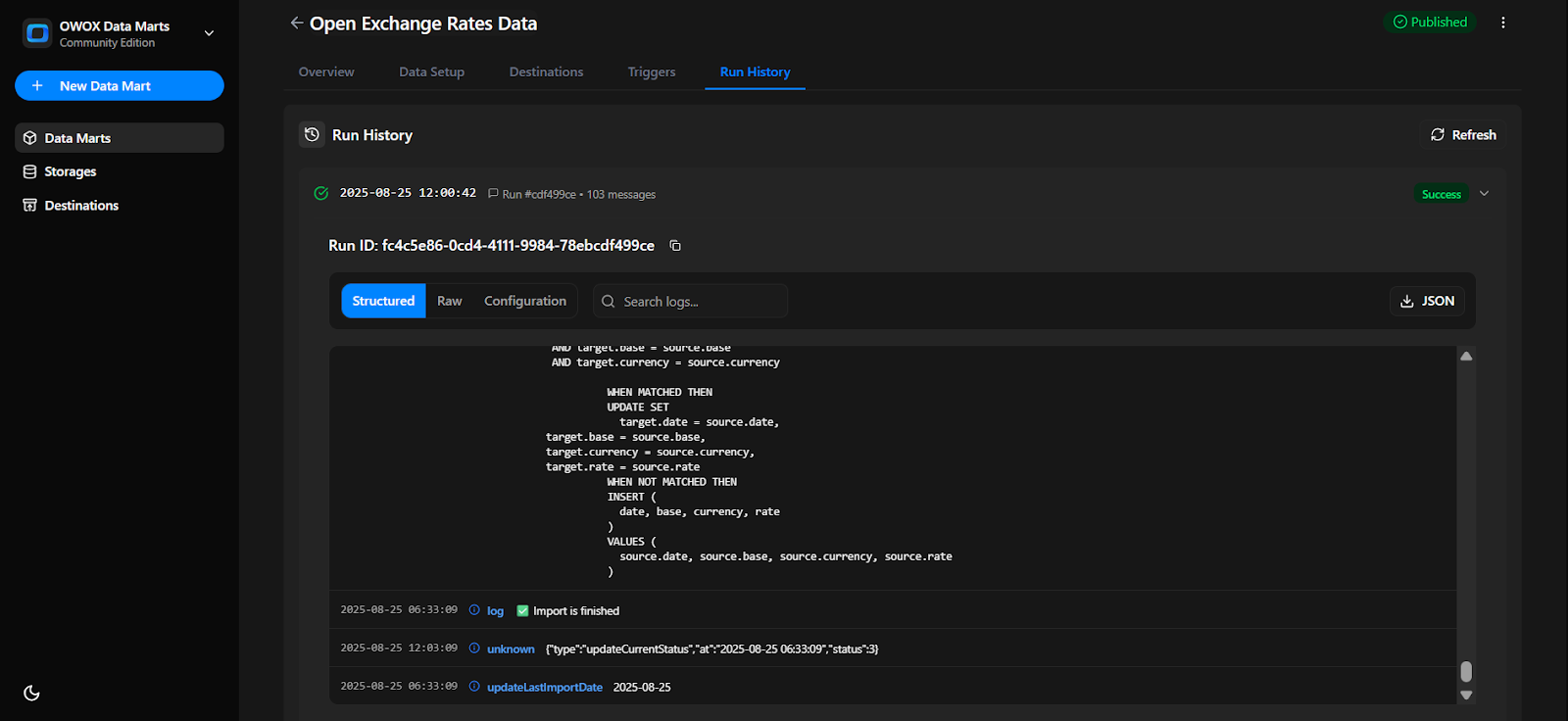 Run History tab in OWOX Data Marts displaying the status message ‘Import is finished’. i-shadow