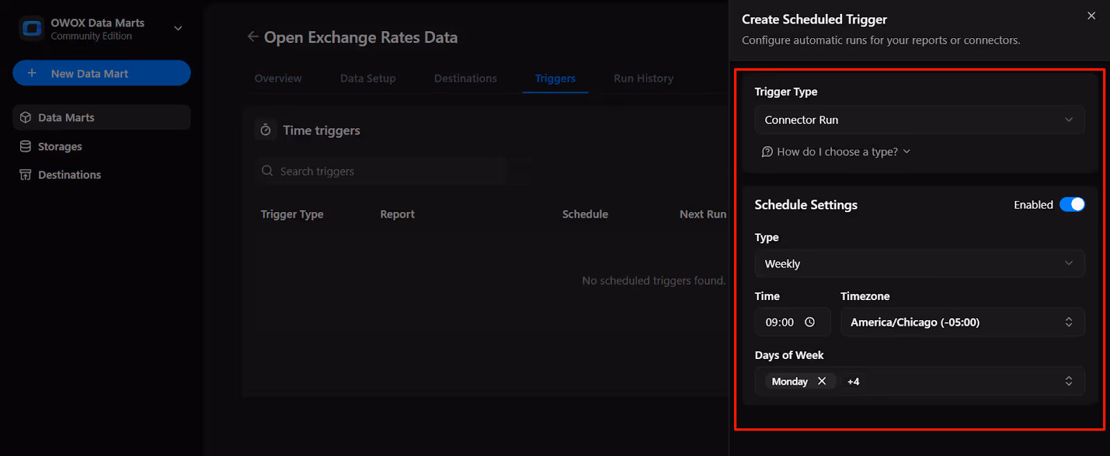 Scheduled trigger setup screen in OWOX Data Marts showing trigger type and scheduling options for automating data runs. i-shadow