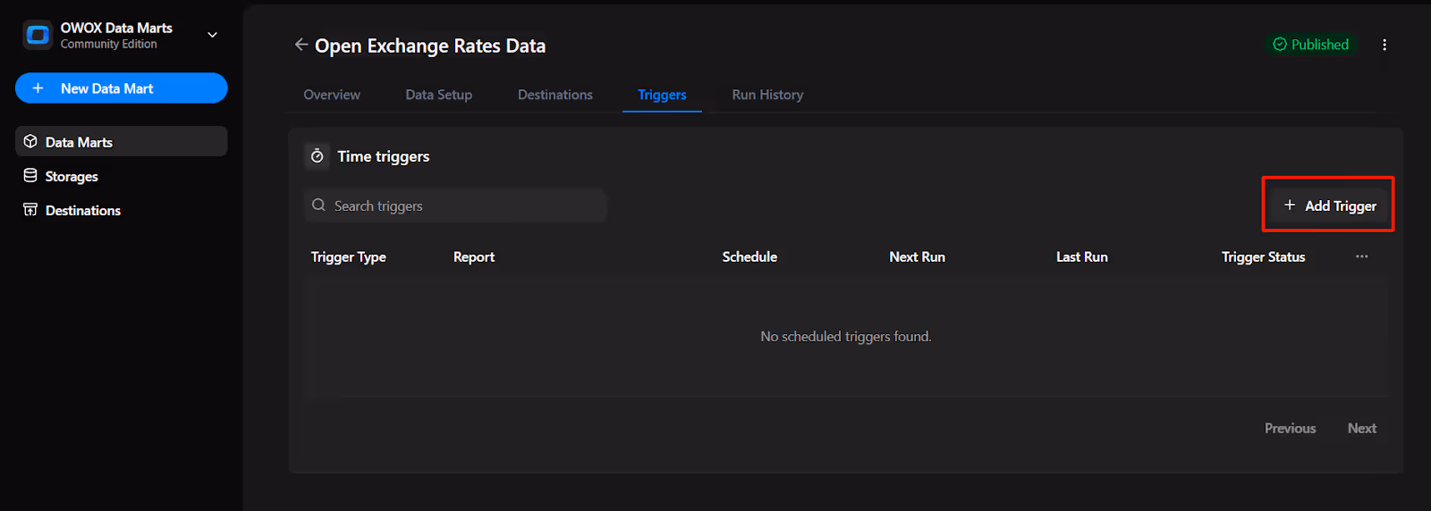 Triggers tab in OWOX Data Marts showing the option to add a new time trigger. i-shadow