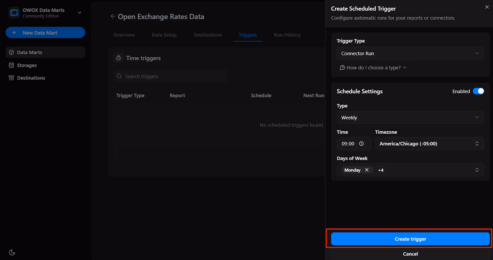 OWOX Data Marts time trigger setup showing schedule details and the 'Create trigger' button to automate data refresh based on the selected configuration. i-shadow