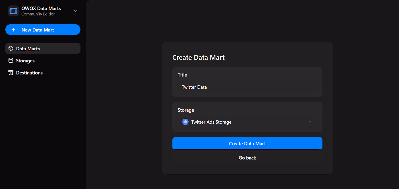 Create Data Mart screen with title set to " Twitter Data" and storage selected as "Twitter Ads Storage". i-shadow