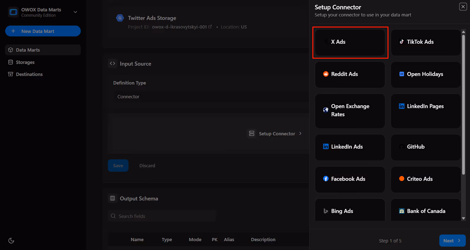 Setup Connector panel in OWOX Data Marts with X Ads selected as the connector source. i-shadow