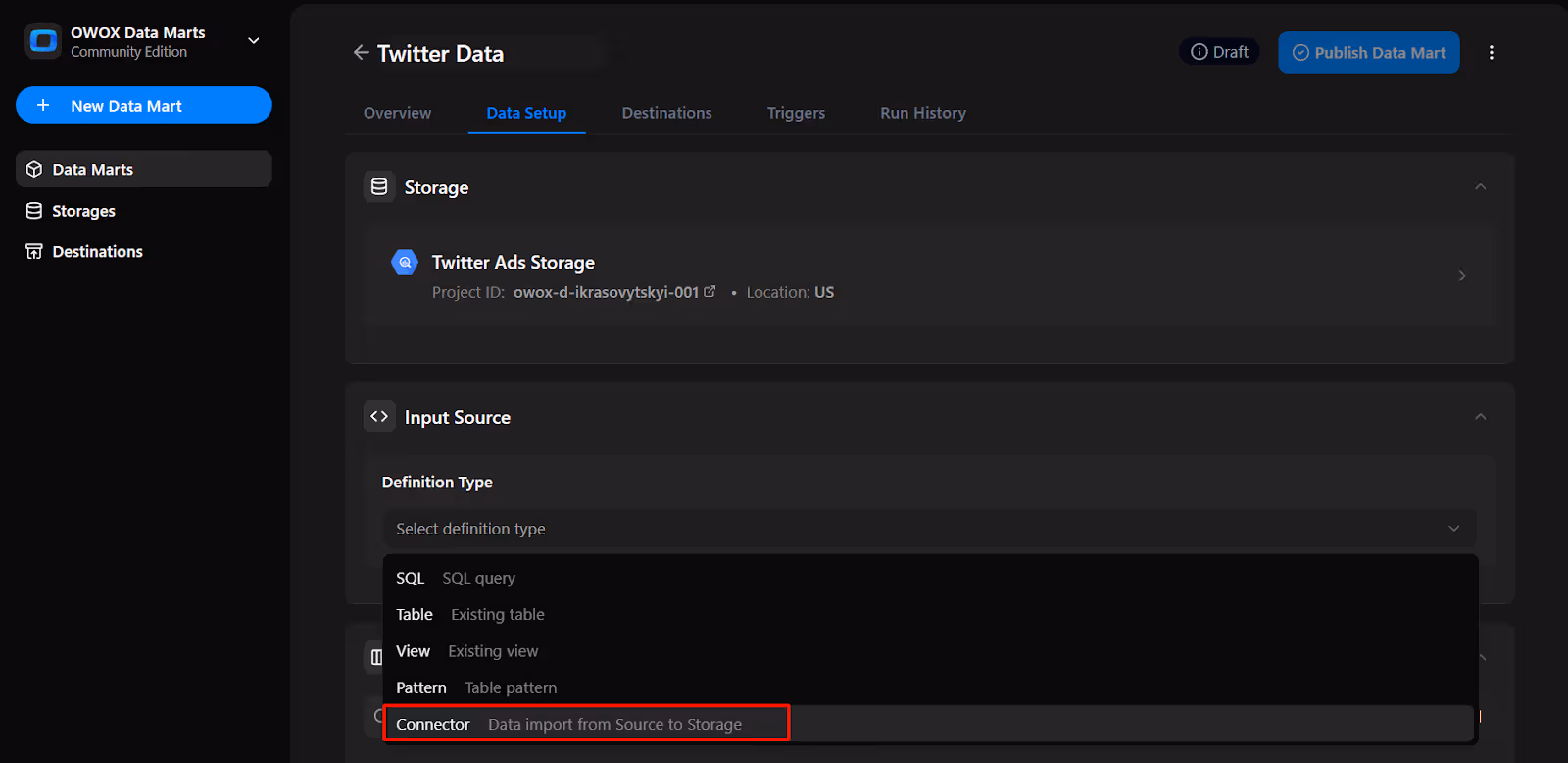 Input Setup section in OWOX Data Marts with 'Connector' selected as the definition type for the data source. i-shadow