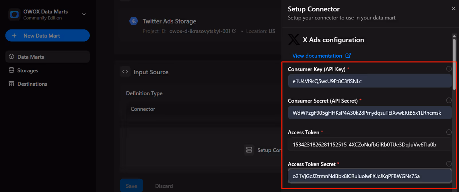 OWOX connector configuration panel with the Twitter Ads access token field filled in for authentication. i-shadow