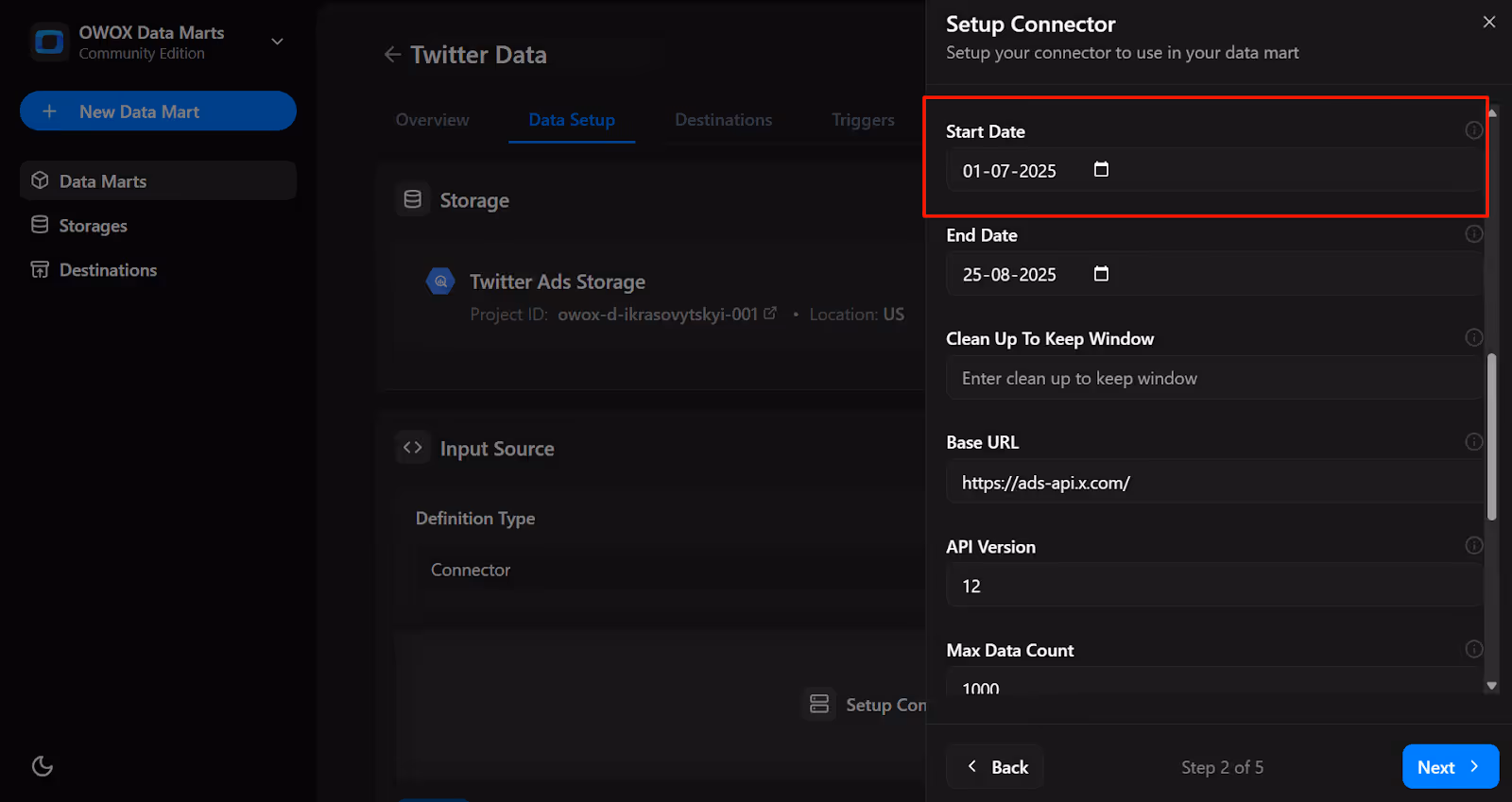 Connector configuration form with the Start Date field set to 2025-07-01 for fetching data from Twitter Ads. i-shadow