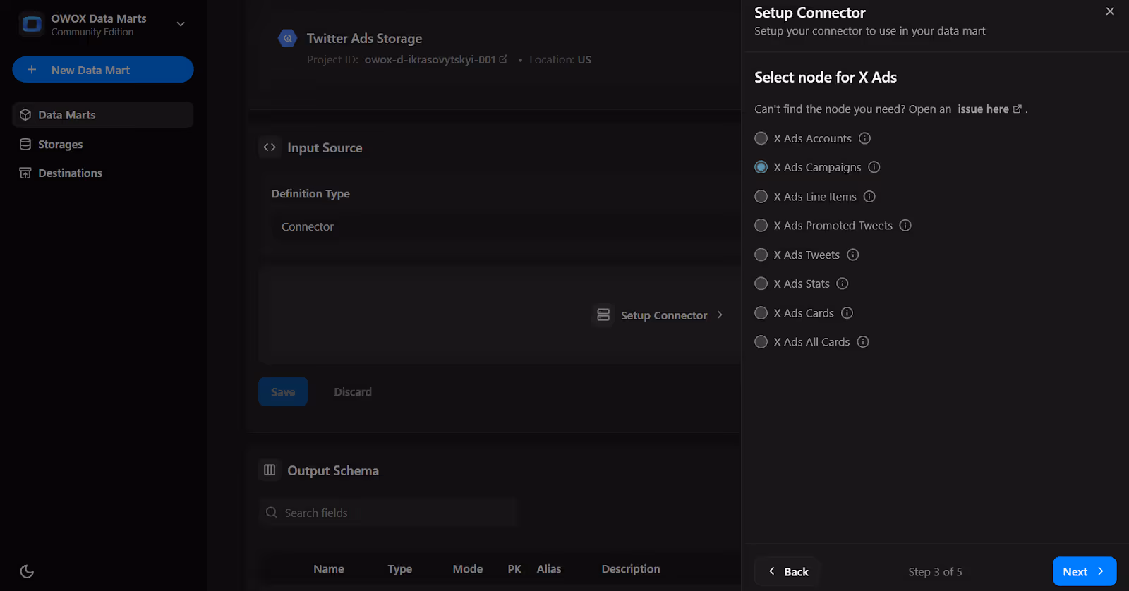 Node selection menu for Twitter Ads with options like X ad-account. i-shadow