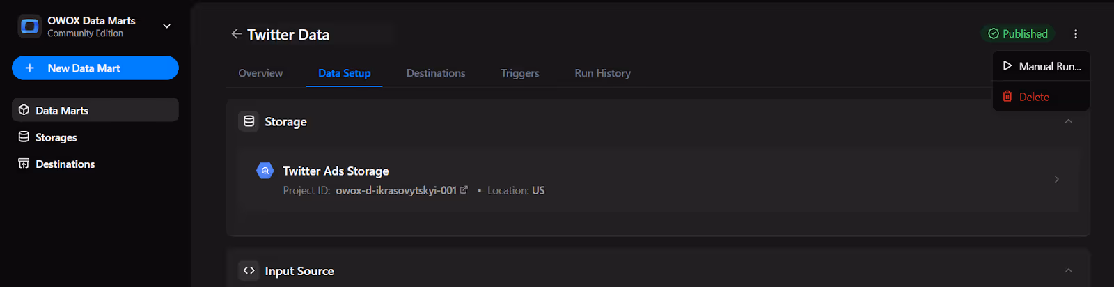 OWOX Data Marts interface with the ‘Manual Run’ button visible and the 3-dot menu expanded. i-shadow