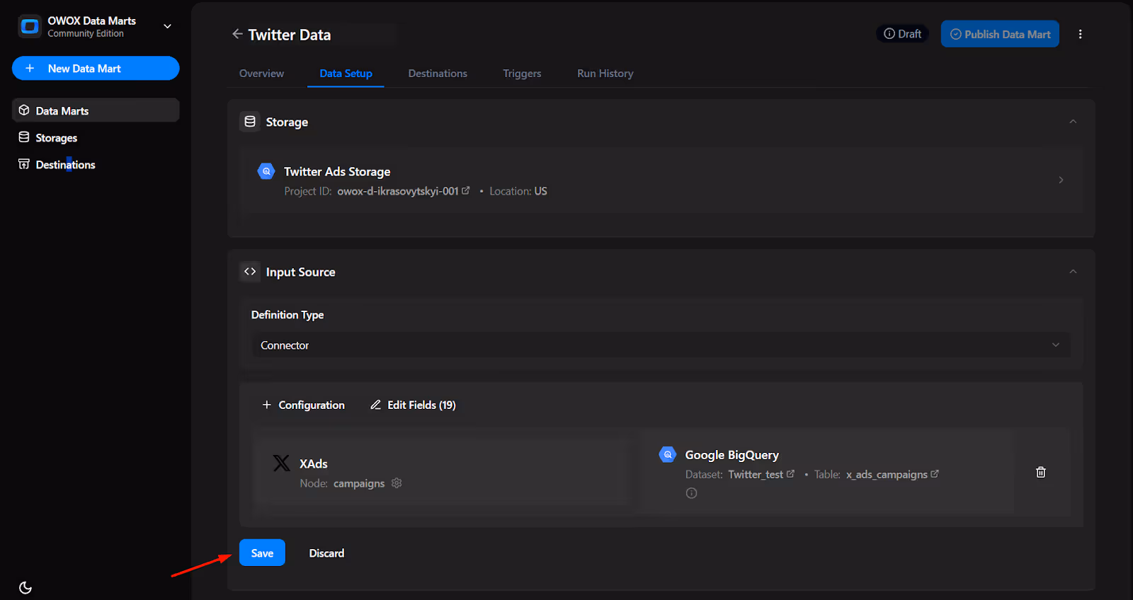 OWOX Data Marts configuration screen showing successful mapping between Twitter Ads and BigQuery table with a Save button. i-shadow