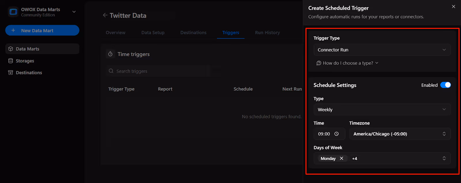 Scheduled trigger setup screen in OWOX Data Marts showing trigger type and scheduling options for automating data runs. i-shadow