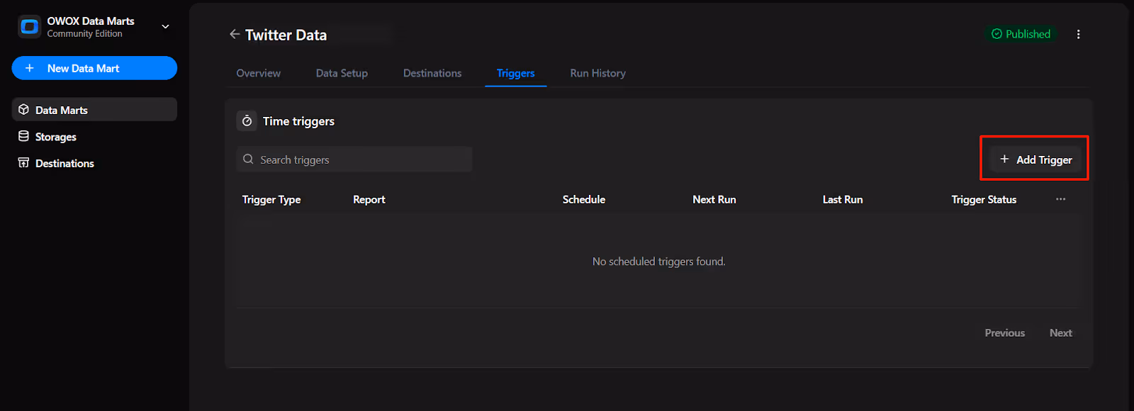 Triggers tab in OWOX Data Marts showing the option to add a new time trigger, with no scheduled triggers currently listed for the Twitter Data mart. i-shadow