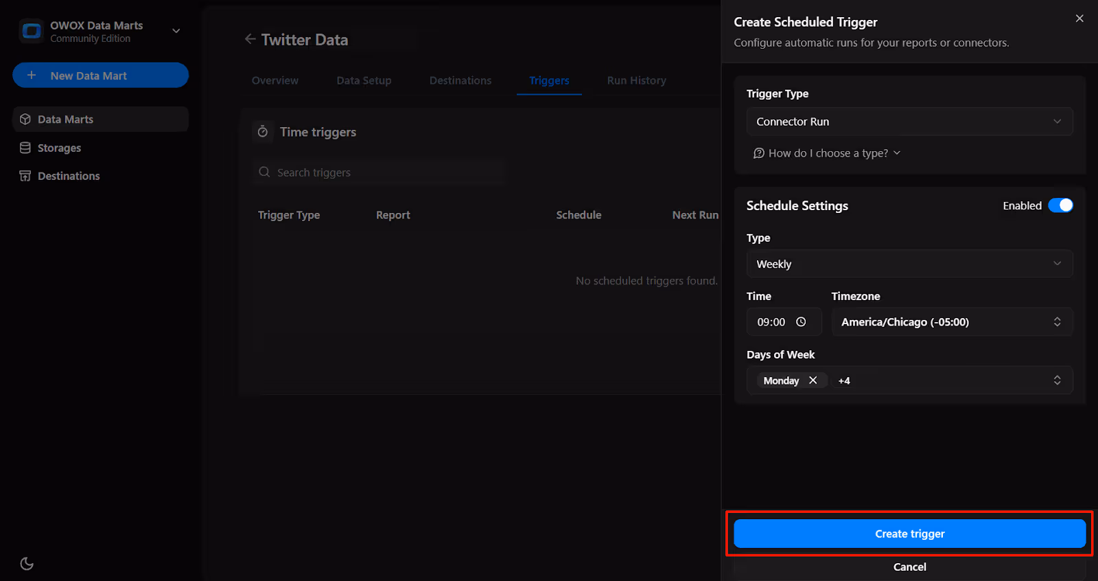 OWOX Data Marts time trigger setup showing schedule details and the 'Create trigger' button to automate data refresh based on the selected configuration.  i-shadow